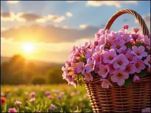 Koszyk, Słońce, Kwiaty, Różowe, Łąka