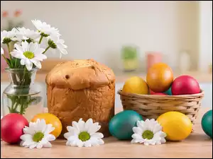 Kwiaty, Wielkanoc, Koszyk, Białe, Kolorowe, Babka, Margerytki, Pisanki