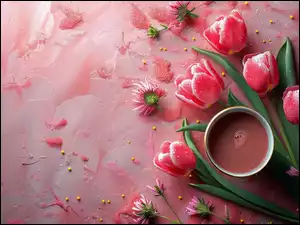 Filiżanka, Tło, Tulipany, Czerwone, Różowe