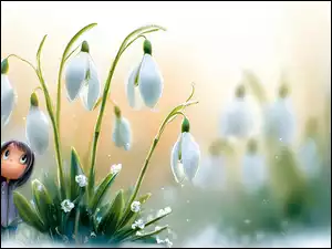Kwiaty, Grafika AI, Białe, Przebiśniegi, Dziewczyna