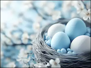 Gniazdo, Grafika AI, Pisanki, Błękitne, Wielkanoc