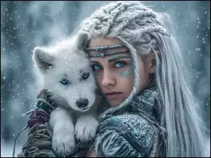 Długowłosa kobieta z małym wilkiem na rękachw padającym śniegu