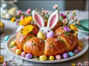 Chleb, Pisanki, Grafika AI, Talerz, Wielkanoc, Kwiaty, Zajączek