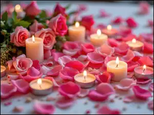 Róże, Świeczki, Płatki