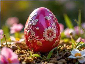 Pisanka, Grafika AI, Czerwona, Wielkanoc, Kwiaty