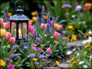 Kwiaty, Wiosna, Lampion, Ogród, Tulipany, Świeca