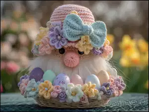 Wełniana figurka w kapeluszu w koszyku z pisankami i kwiatami