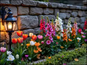 Mur, Latarnia, Tulipany, Kamień, Kolorowe, Naparstnica, Ogród, Kwiaty