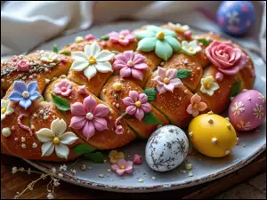 Chleb, Świąteczny, Pisanki, Grafika AI, Kwiaty, Wielkanoc