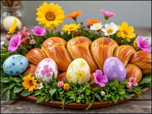 Pisanki, Wielkanoc, Kwiaty, Grafika AI, Chleb, Talerz
