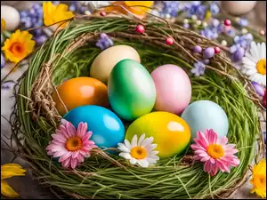 Pisanki, Grafika AI, Kolorowe, Wielkanoc, Gniazdko