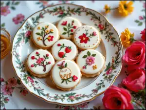 Kwiaty, Lukrowane, Ciasteczka, Talerz