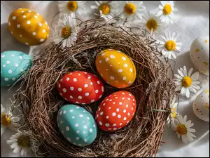 Cztery pisanki w kropki w gniazdku oraz obok z kwiatami na materiale