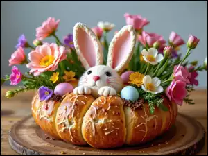 Wielkanocny wypiek ozdobiony kwiatami i jajkami oraz królikiem na desce