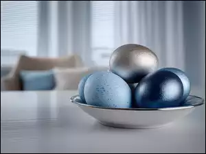 Jajka, Pisanki, Grafika AI, Niebieskie, Stół, Talerz, Wielkanoc