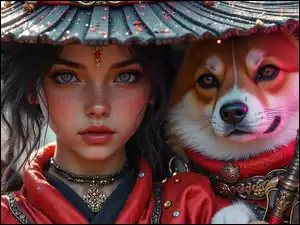 Grafika AI, Dziewczyna, Pies, Miecz