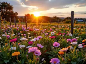 Kwiaty, Ogrodzenie, Kolorowe, Łąka, Zachód słońca