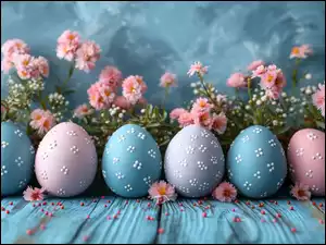Różowe, Niebieskie, AI, Wielkanoc, Deski, Kwiaty, Pisanki