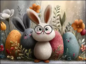Kwiaty, Wielkanoc, Jajka, Zajączki, Grafika AI