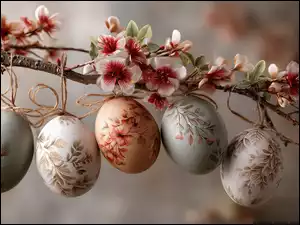 Pięć pisanek zawieszonych na galązce z białoczerwonymi kwiatami