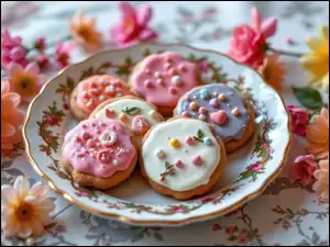 Kwiaty, Lukrowane, Ciasteczka, Talerz