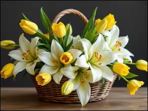 Białe lilie i żółte tulipany w koszyku na czarnym tle