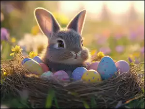 Rozświetlony królik i kolorowe pisanki w gniazdku