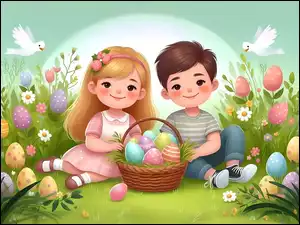 Dzieci z koszykiem pisanek na łące wśród kwiatów i pisanek