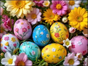 Kolorowe, Wielkanoc, Różowe, Kwiaty, Pisanki, Żółte