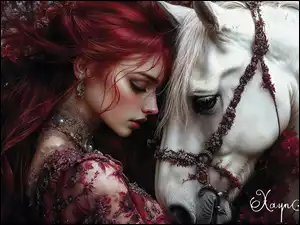 Ruda długowłosa kobieta z biżuterią przy białym koniu