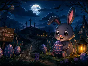 Wielkanoc nocną porą z zajączkiem i pisankami na tle kościoła i krzyży