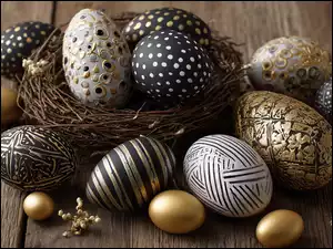 Złote, Wielkanoc, Pisanki, Grafika AI, Czarne, Gniazdko