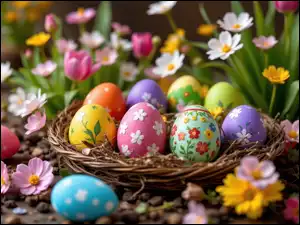 Pisanki z motywem kwiatowym w gniazdku obok kolorowych kwiatów