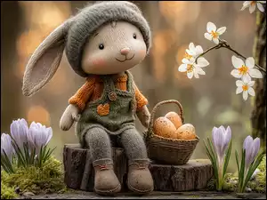 Grafika AI, Króliczek, Kwiaty, Krokusy, Białe, Ubranko, Koszyczek, Wielkanoc, Pisanki