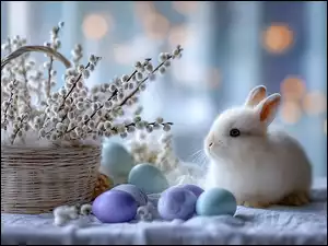 Królik i kolorowe jajka obok koszyka z baziami