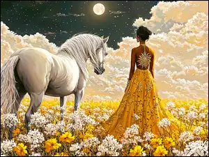 Koń, Łąka, Grafika, Kobieta, Księżyc, Chmury, Kwiaty