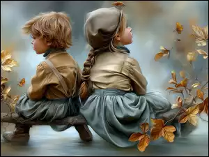 Chłopiec i dziewczynka siedzący tyłem na gałęzi