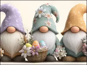 Kwiaty, Wielkanoc, Koszyczki, Grafika, Trzy, Pisanki, AI, Krasnale