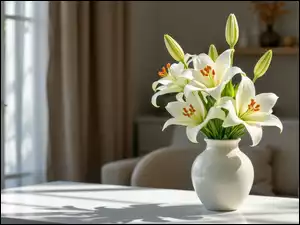 Białe lilie z pąkamiw białym ceramicznym wazonie na stole