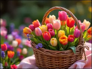 Koszyk z kolorowymi tulipanami na materiale w ogrodzie