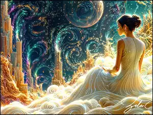 Fantasy, Kobieta, Suknia, Wieżowce