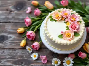 Kwiaty, Deski, Ciasto, Tort, Taca
