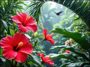 Kwiaty, Liście, Czerwone, Rozwinięte, Hibiskus