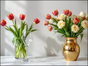 Bukiety, Dwa, Tulipany, Kieliszek, Róże, Wazony