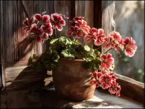 Czerwone, Kwiaty, Grafika AI, Pelargonie, Donica, Okno, Okiennica