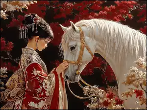 Młoda Japonka w kimono i ozdobami w upiętych włosach z białym koniem