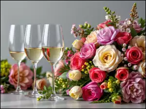 Wino, Kieliszki, Kwiaty, Tulipany, Bukiet, Róże