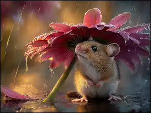 Grafika AI, Myszka, Kwiat, Deszcz