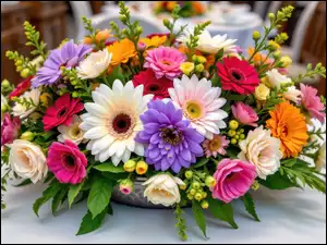 Kwiaty, Stół, Kolorowe, Bukiet, Waza