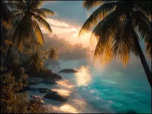 Ocean, Grafika AI, Morze, Palmy, Zachód słońca